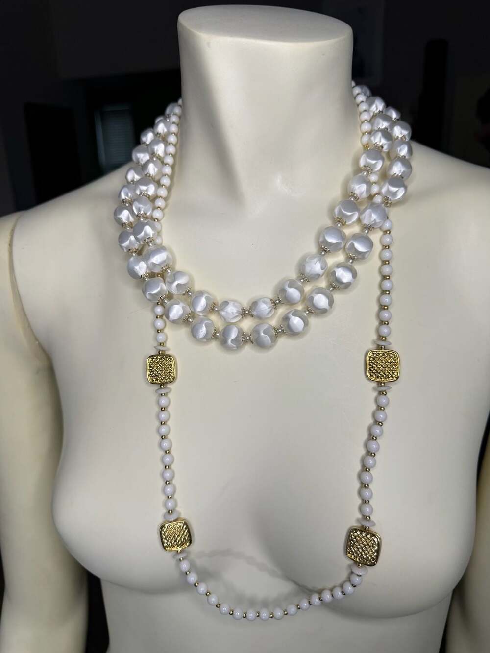 Set 2 Vtg White Bead Necklaces: Double Strand Faceted Lucite & Long Station
